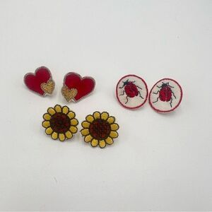 3 Handmade Vintage Appliqué Earrings - Heart Sunflower Ladybug